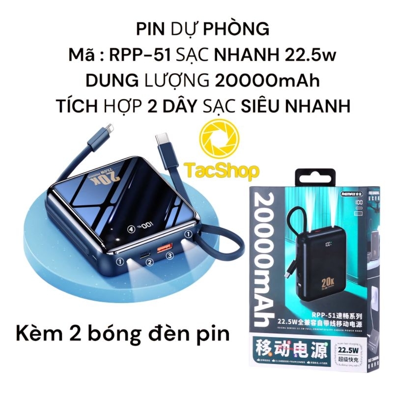 Sạc dự phòng Remax RPP-51 dung lượng 20000mah hỗ trợ sạc nhanh 22.5W ...