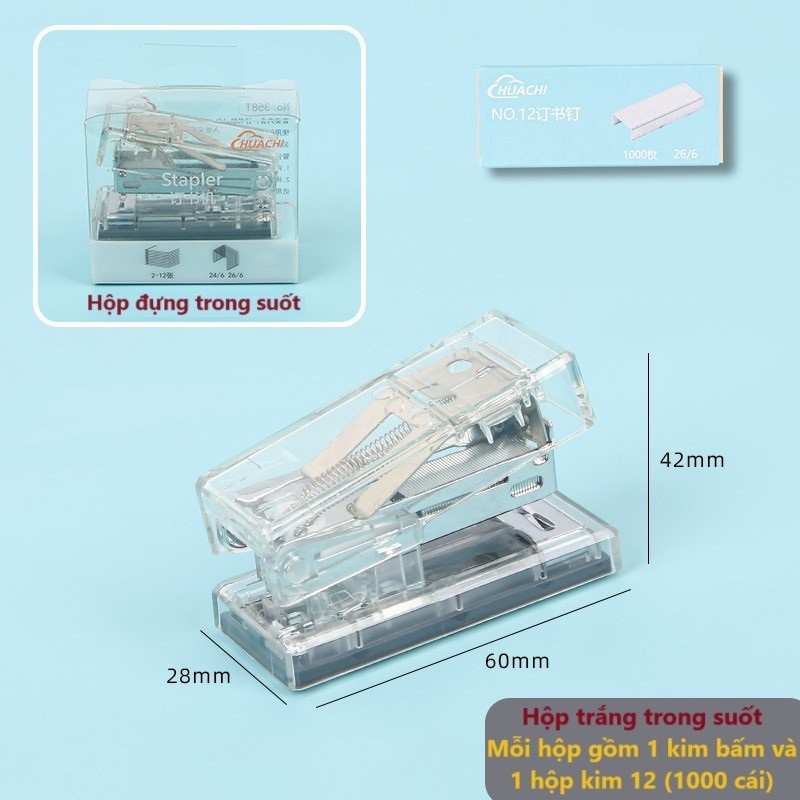 Ghim bấm giấy trong suốt mini HAKI, dập ghim giấy dành cho học sinh nhỏ ...