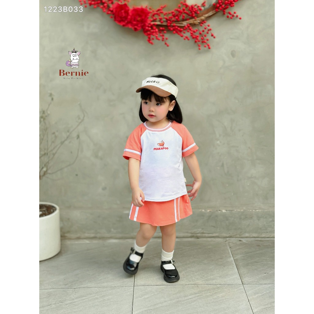 Set thể thao áo phông phối chân váy cho bé, bộ thun cộc tay phong cách thể thao phối chân váy có lớp lót Bernie