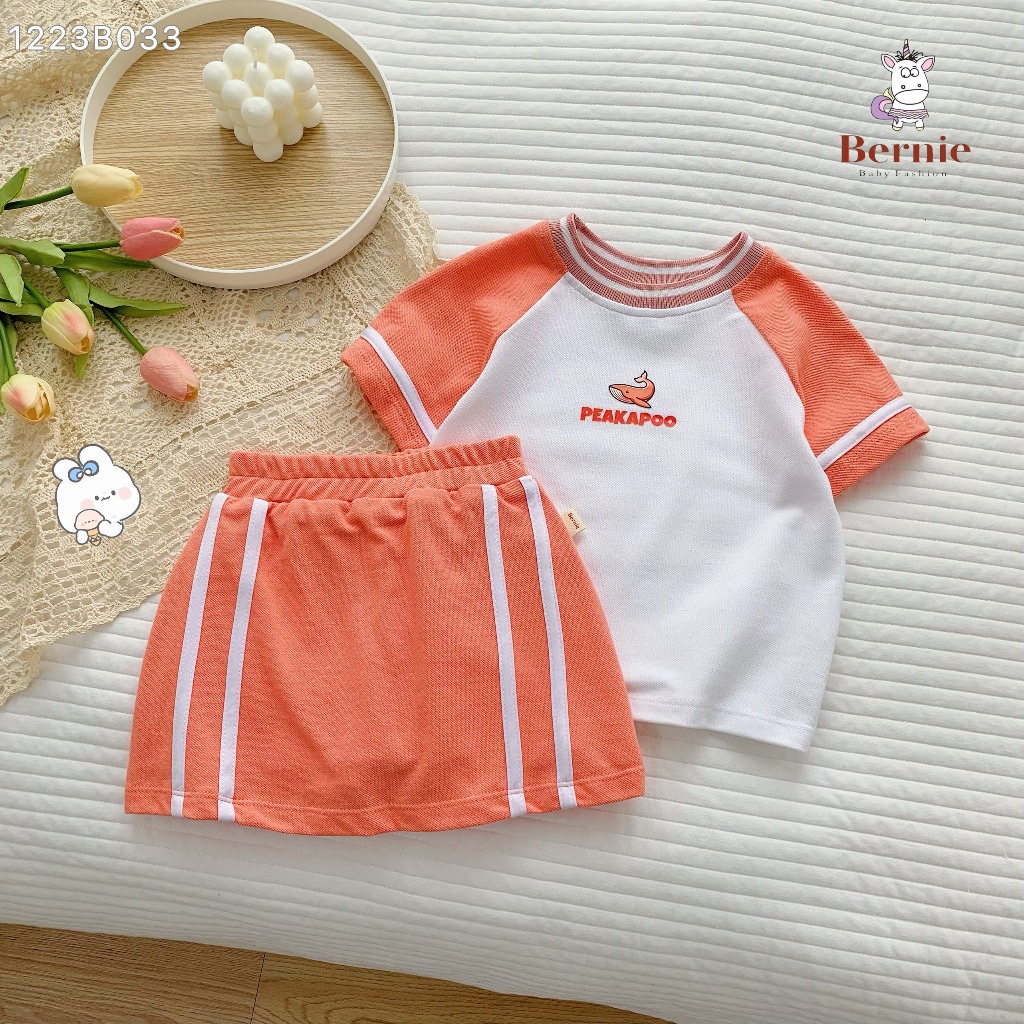 Set thể thao áo phông phối chân váy cho bé, bộ thun cộc tay phong cách thể thao phối chân váy có lớp lót Bernie