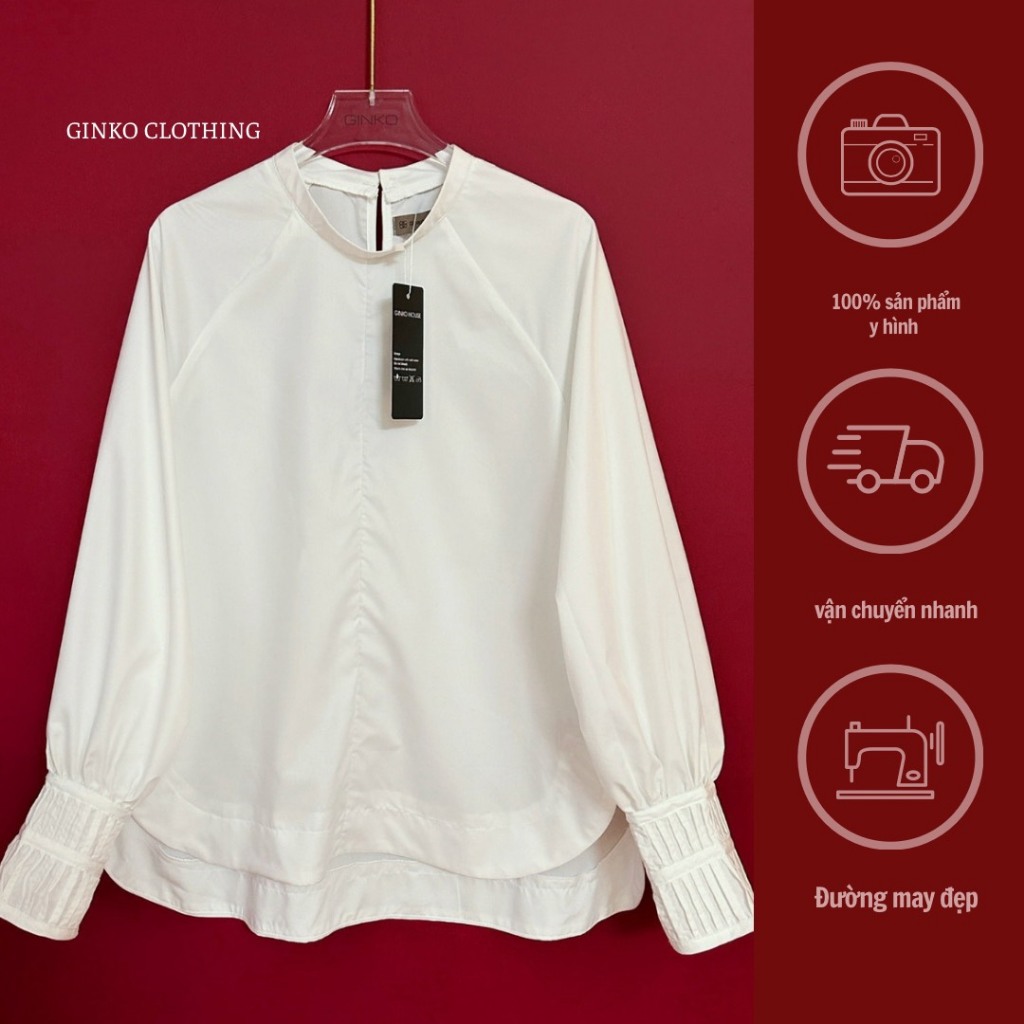 GINKO CLOTHING_Sơ Mi Công Sở Xếp Li Tay Cầu Kì Phối Cúc Bọc May Cổ Tàu Vạt Lệch Cực Xinh_SM2401