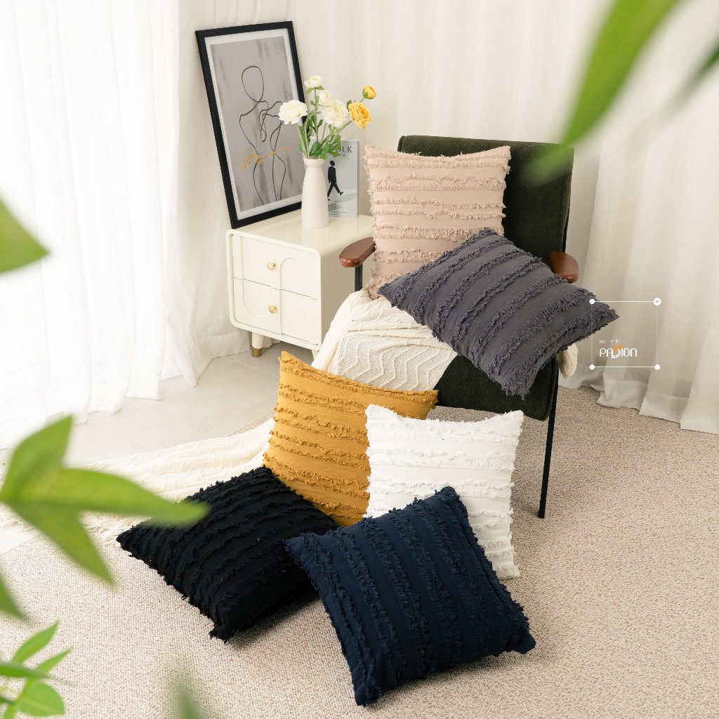 Vỏ Gối Tựa Lưng Gối Sofa Sọc Tua Rua Vải Lanh Trơn Màu