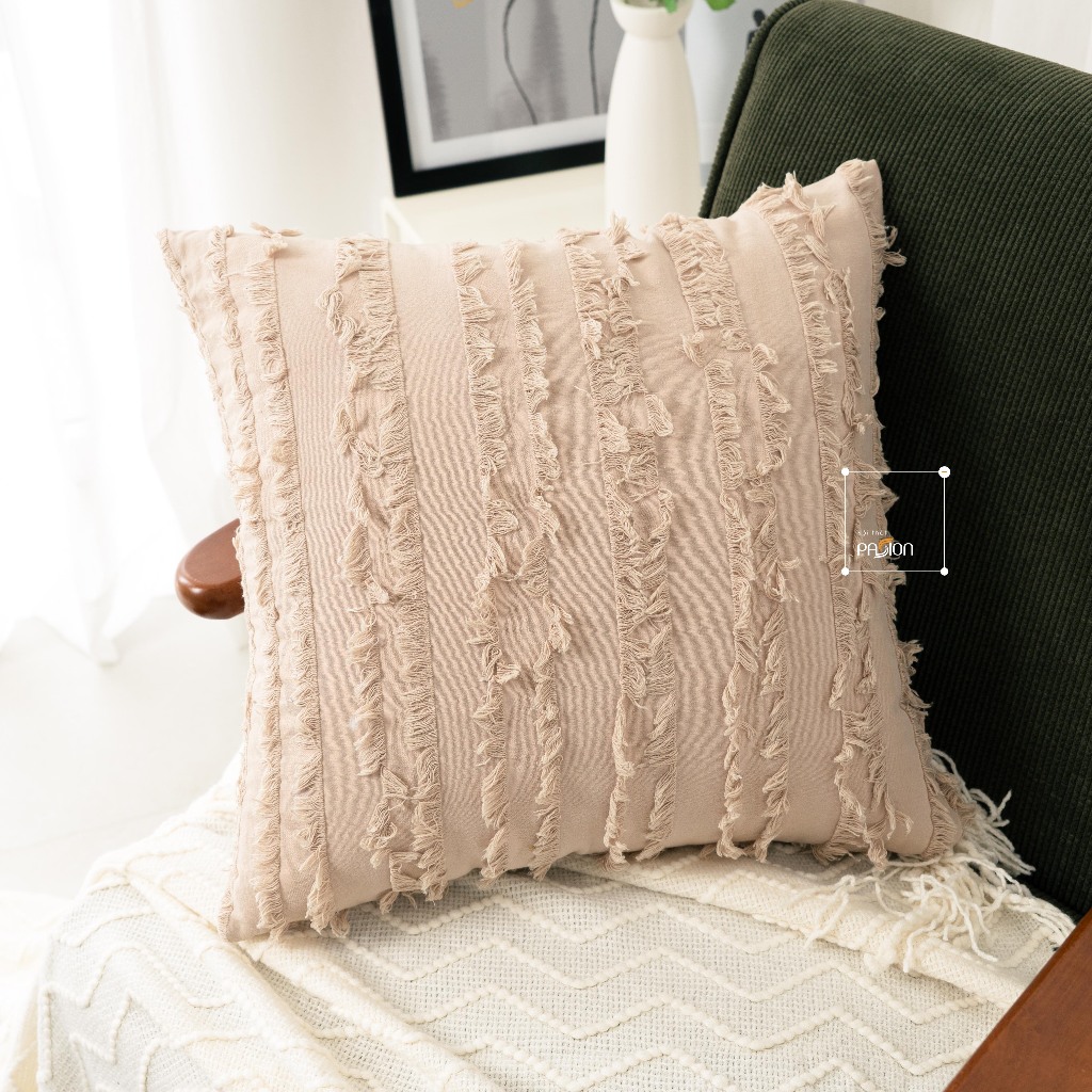 Vỏ Gối Tựa Lưng Gối Sofa Sọc Tua Rua Vải Lanh Trơn Màu
