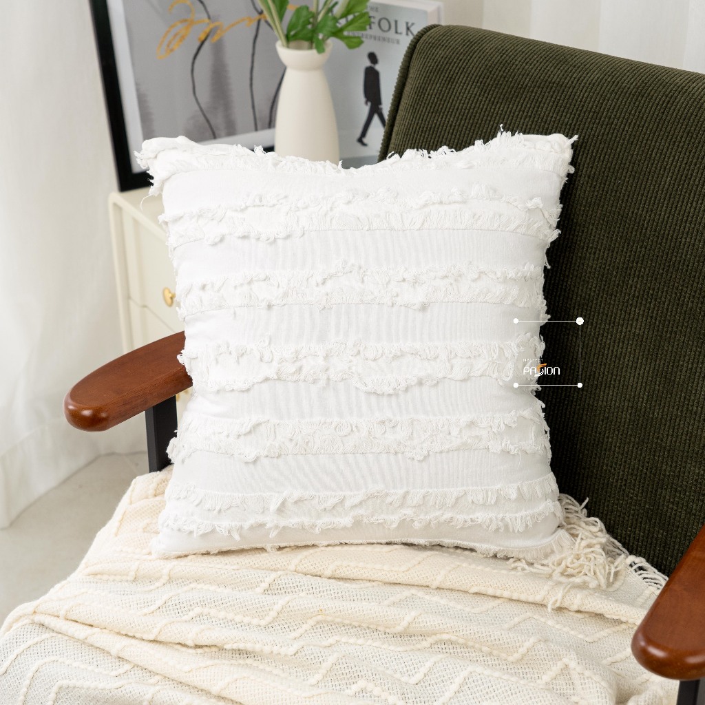 Vỏ Gối Tựa Lưng Gối Sofa Sọc Tua Rua Vải Lanh Trơn Màu