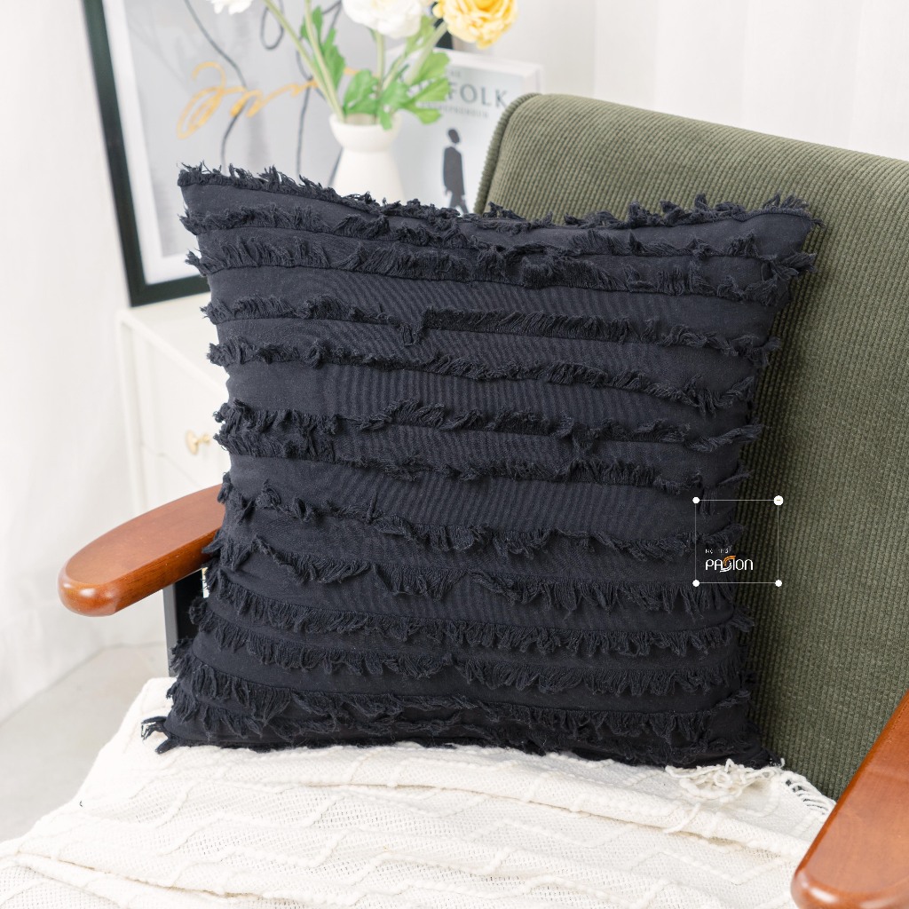 Vỏ Gối Tựa Lưng Gối Sofa Sọc Tua Rua Vải Lanh Trơn Màu