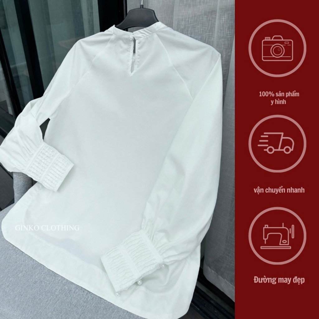 GINKO CLOTHING_Sơ Mi Công Sở Xếp Li Tay Cầu Kì Phối Cúc Bọc May Cổ Tàu Vạt Lệch Cực Xinh_SM2401