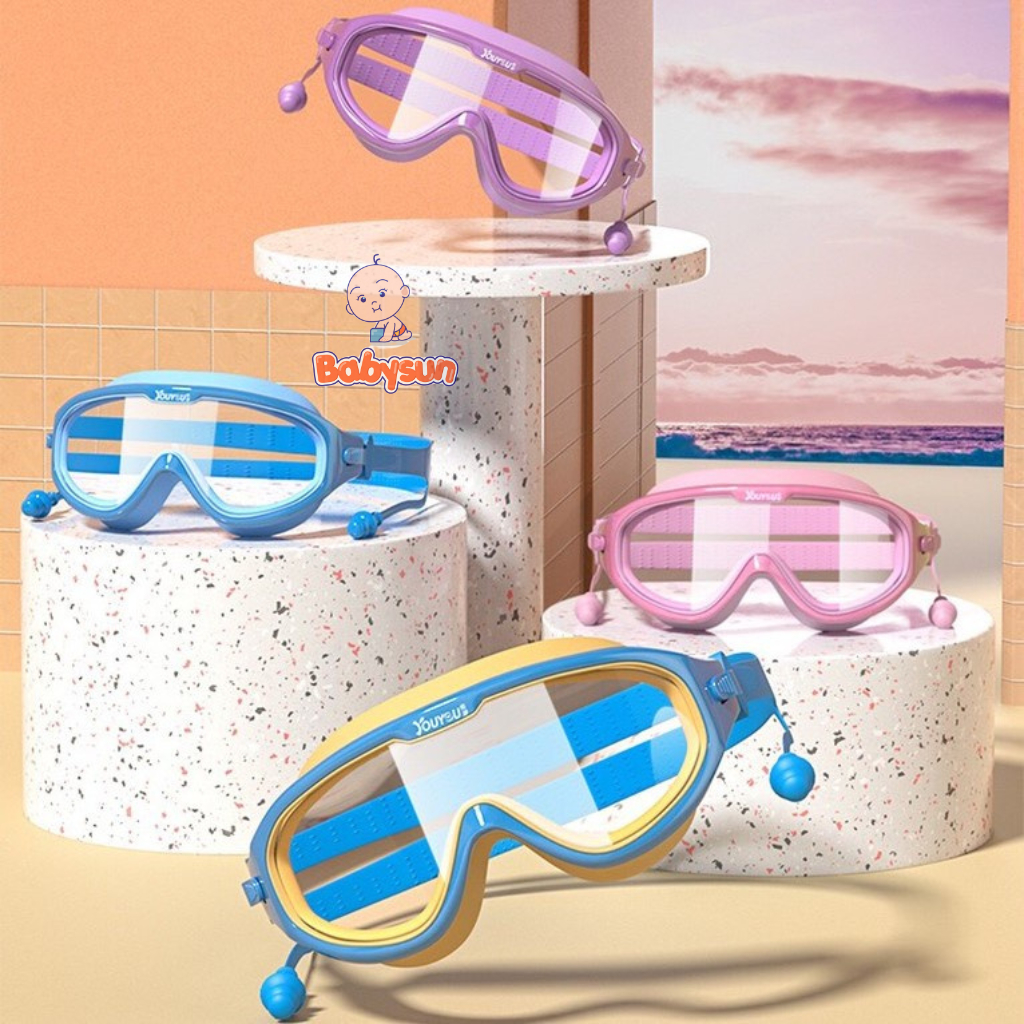 Kính bơi trẻ em có nút bịt tai chống tia UV BABYSUN, chống sương mù - Kính bơi cho bé đi biển , tập bơi