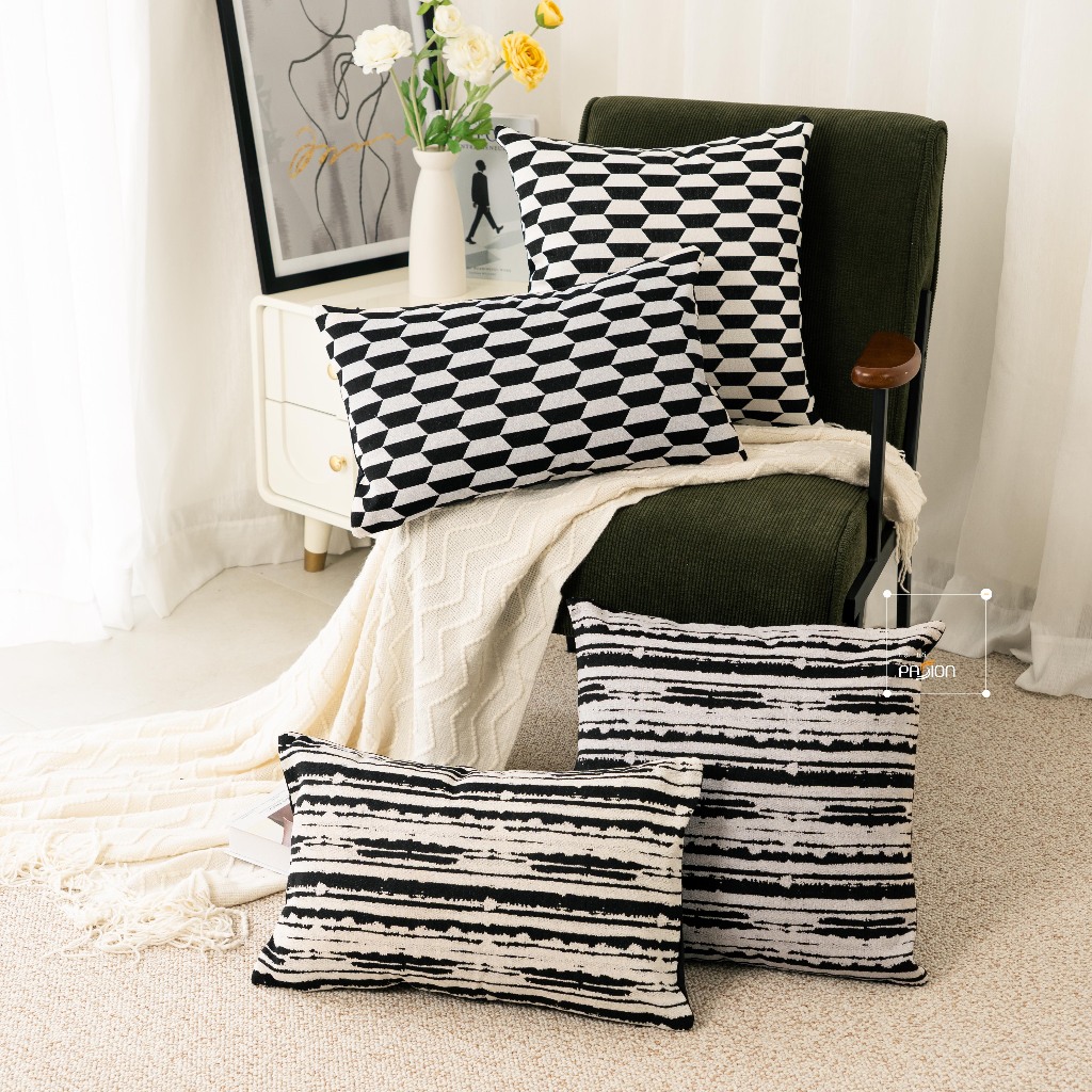 Vỏ Gối Tựa Lưng Sofa Họa Tiết Trắng Đen Phong Cách Bắc Âu Sang Trọng