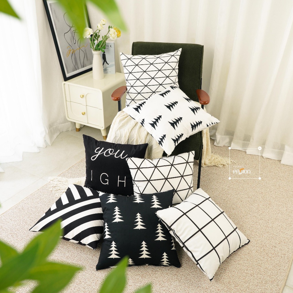 Vỏ Gối Tựa Lưng Sofa Họa Tiết Trắng Đen Phong Cách Bắc Âu Sang Trọng