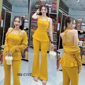 TH08- SÉT BỘ THUN XỐP ÁO KIỂU DÂY LƯNG NHÚN THUN CÓ MÚT+QUẦN ỐNG LOE+ÁO KHOÁC NGOÀI