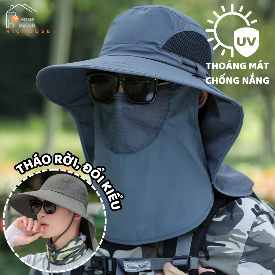 Mũ Tai Bèo, Mũ Chống Nắng Nam Vành Rộng Kèm Khẩu Trang Che Cổ Chất Liệu Thoáng Mát, Không Thấm Nước