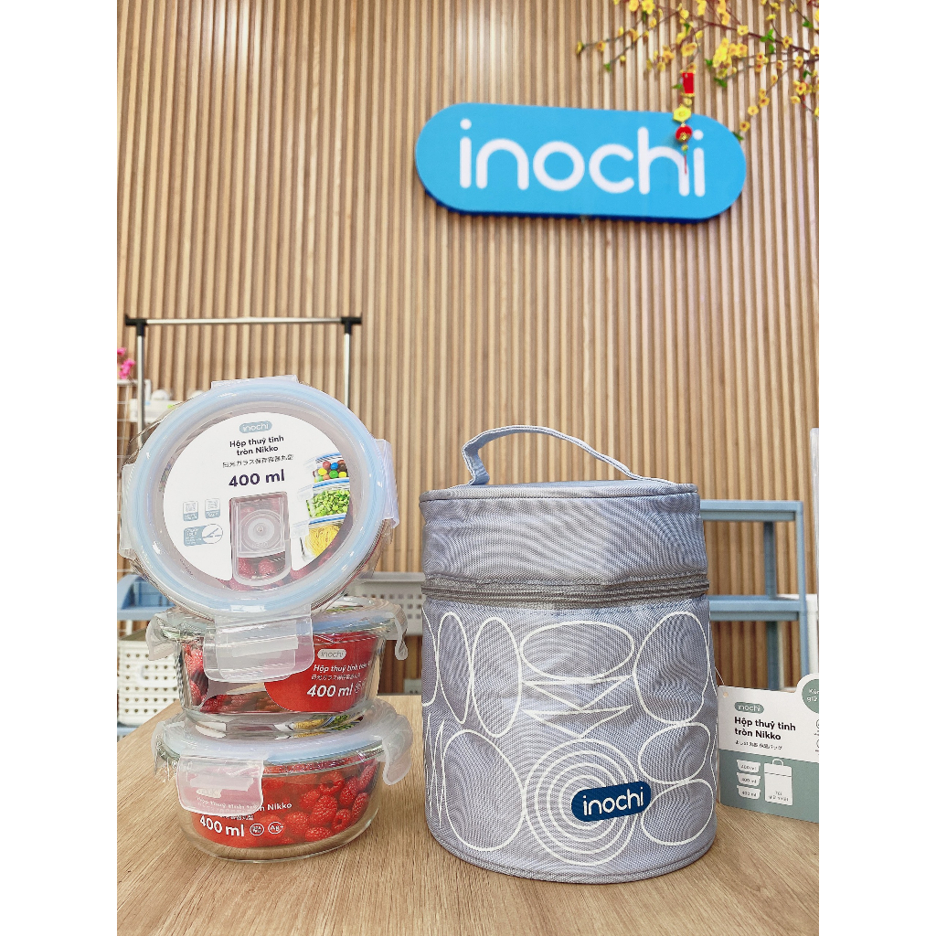 Combo hộp thủy tinh kèm túi Inochi, túi cao cấp giữ ấm tốt, thủy tinh sử dụng được trong lò vi sóng