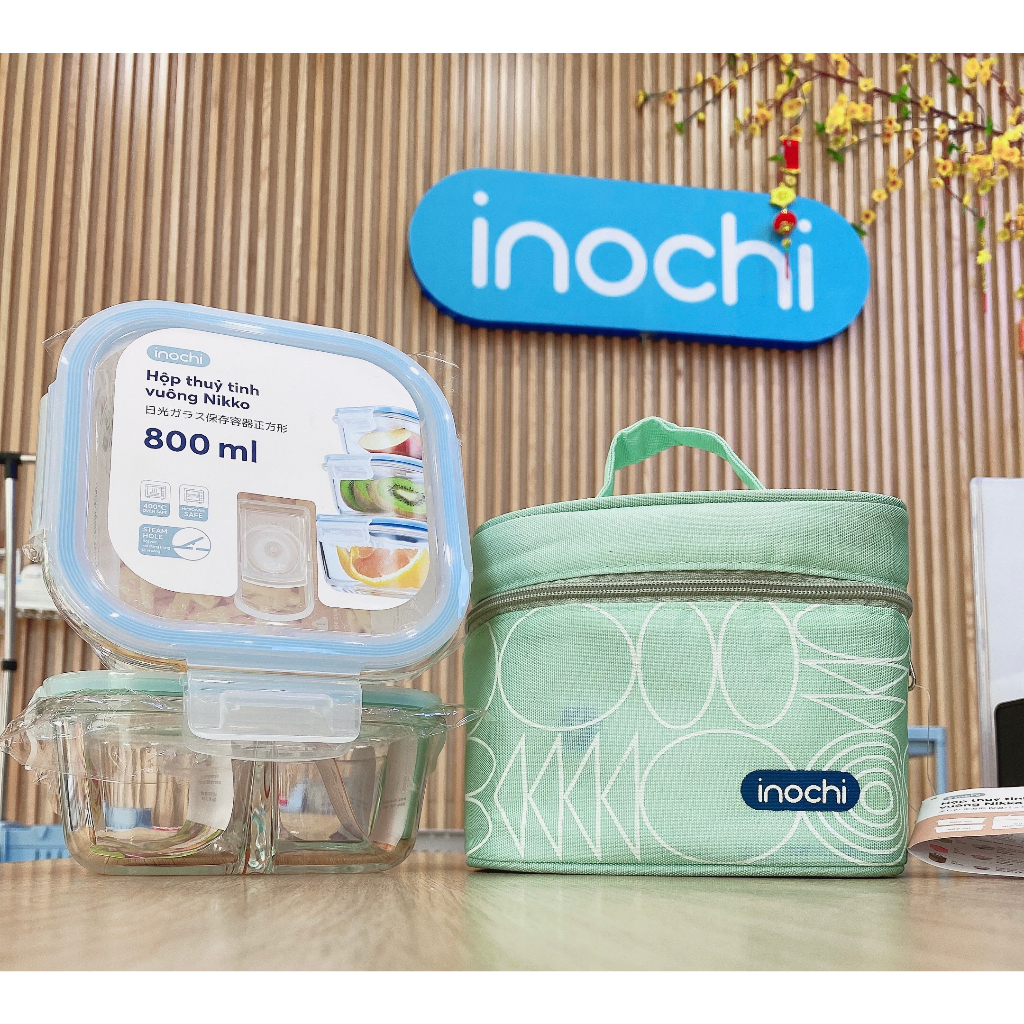 Combo hộp thủy tinh kèm túi Inochi, túi cao cấp giữ ấm tốt, thủy tinh sử dụng được trong lò vi sóng