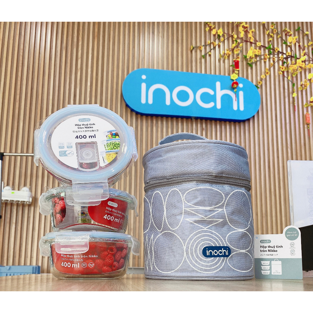 Combo hộp thủy tinh kèm túi Inochi, túi cao cấp giữ ấm tốt, thủy tinh sử dụng được trong lò vi sóng