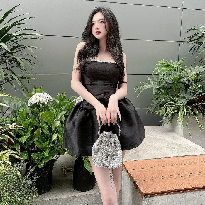 Váy Thiết Kế Chất Tafta Cúp Ngực Đính Đá Cá Tính, Đầm Dự Tiệc Dáng Xòe Phối Nơ Bụng Tiểu Thư Cao Cấp