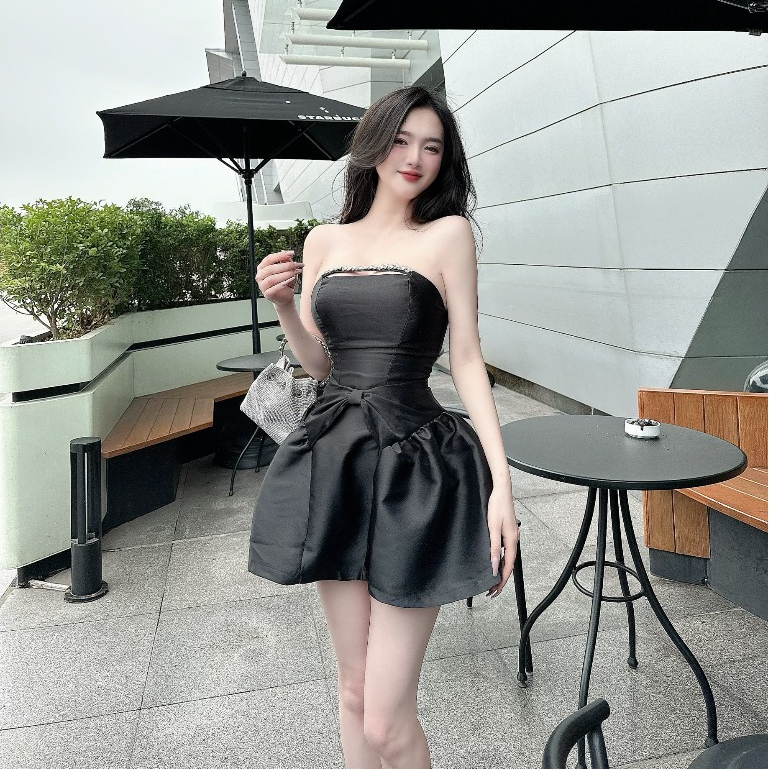 Váy Thiết Kế Chất Tafta Cúp Ngực Đính Đá Cá Tính, Đầm Dự Tiệc Dáng Xòe Phối Nơ Bụng Tiểu Thư Cao Cấp