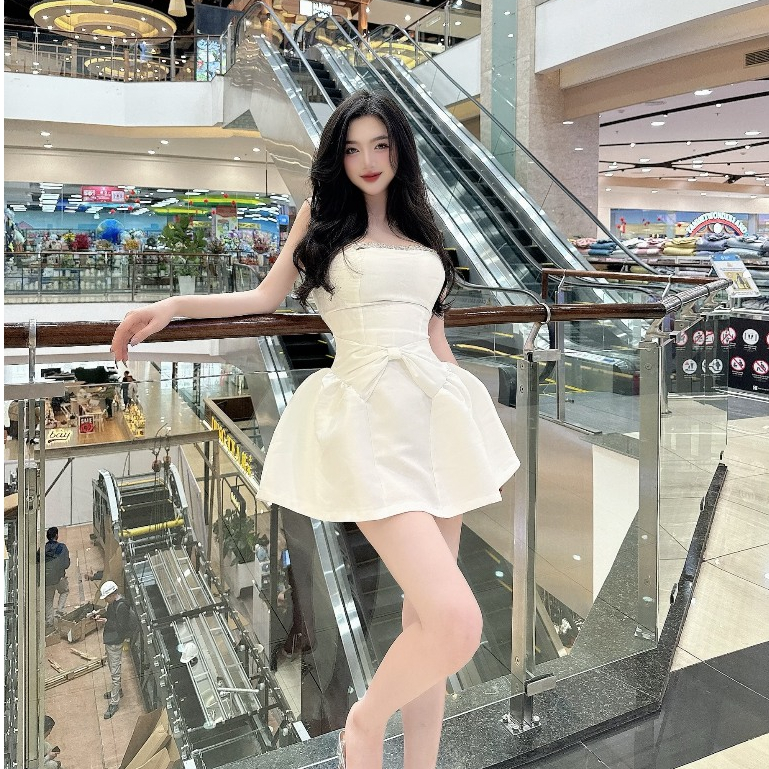 Váy Thiết Kế Chất Tafta Cúp Ngực Đính Đá Cá Tính, Đầm Dự Tiệc Dáng Xòe Phối Nơ Bụng Tiểu Thư Cao Cấp