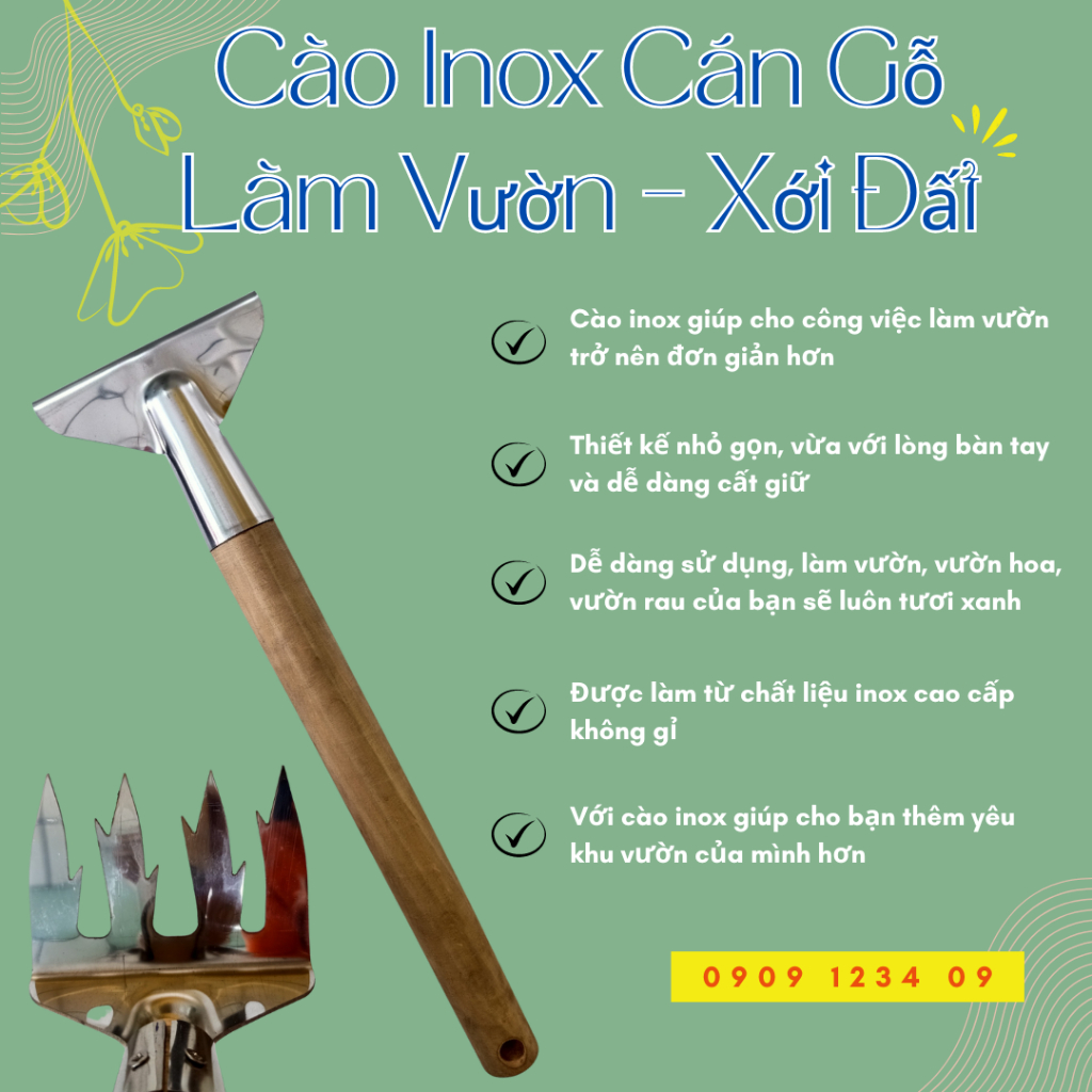 Cào Inox Cán Gỗ Làm Vườn - Xới Đất 3