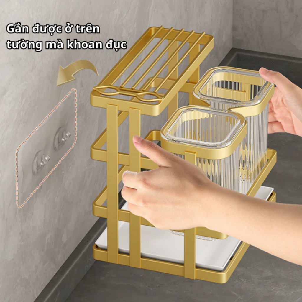 Hộp Đựng Dao, Thớt, Đũa, Muỗng, Nắp Nồi Đa Năng Có Khay Hứng Nước Thông Minh, Kệ Để Dao Thớt Viền Vàng Sang Trọng