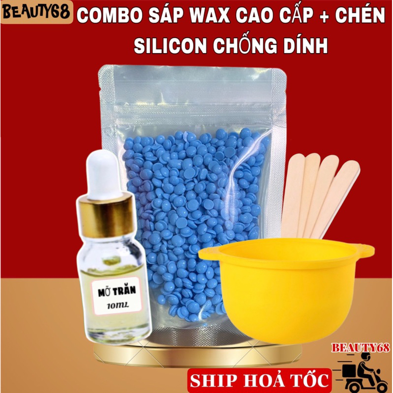 Combo Sáp Wax Lông Cao Cấp + Chén Nấu Sáp Wax Lông Silicone Tặng Que