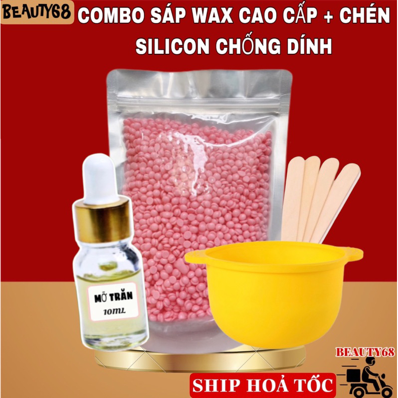 Combo Sáp Wax Lông Cao Cấp + Chén Nấu Sáp Wax Lông Silicone Tặng Que