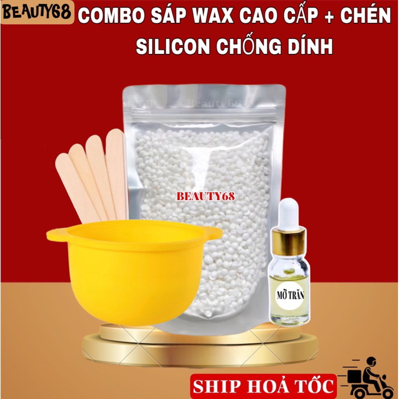 Combo Sáp Wax Lông Cao Cấp + Chén Nấu Sáp Wax Lông Silicone Tặng Que