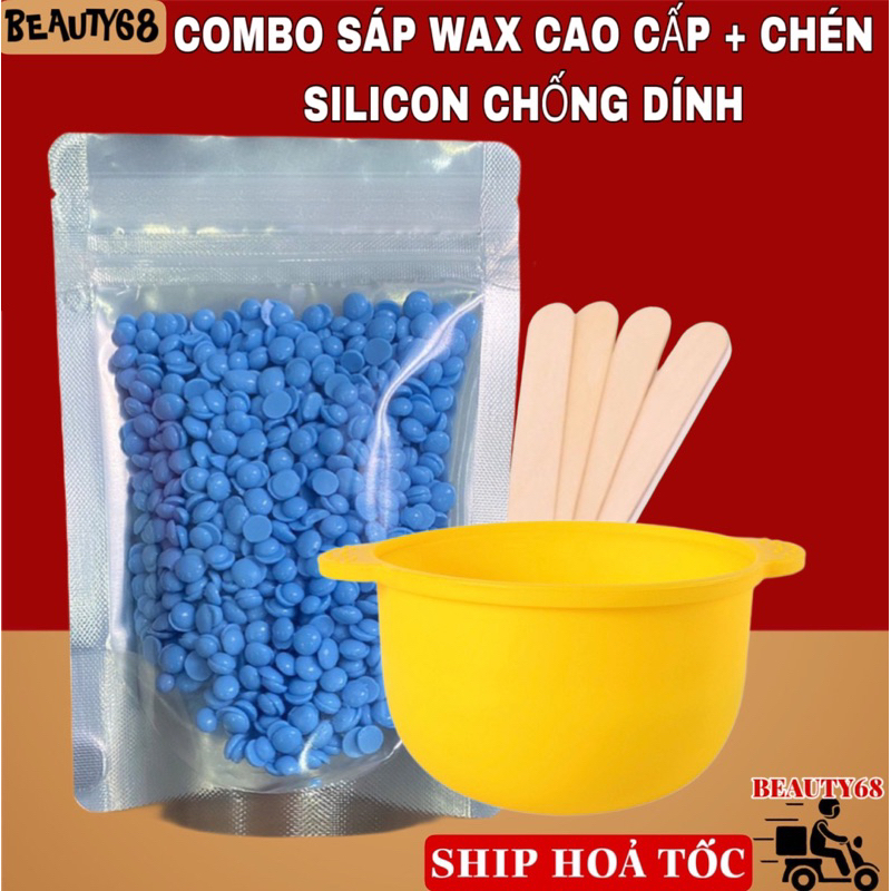 Combo Sáp Wax Lông Cao Cấp + Chén Nấu Sáp Wax Lông Silicone Tặng Que