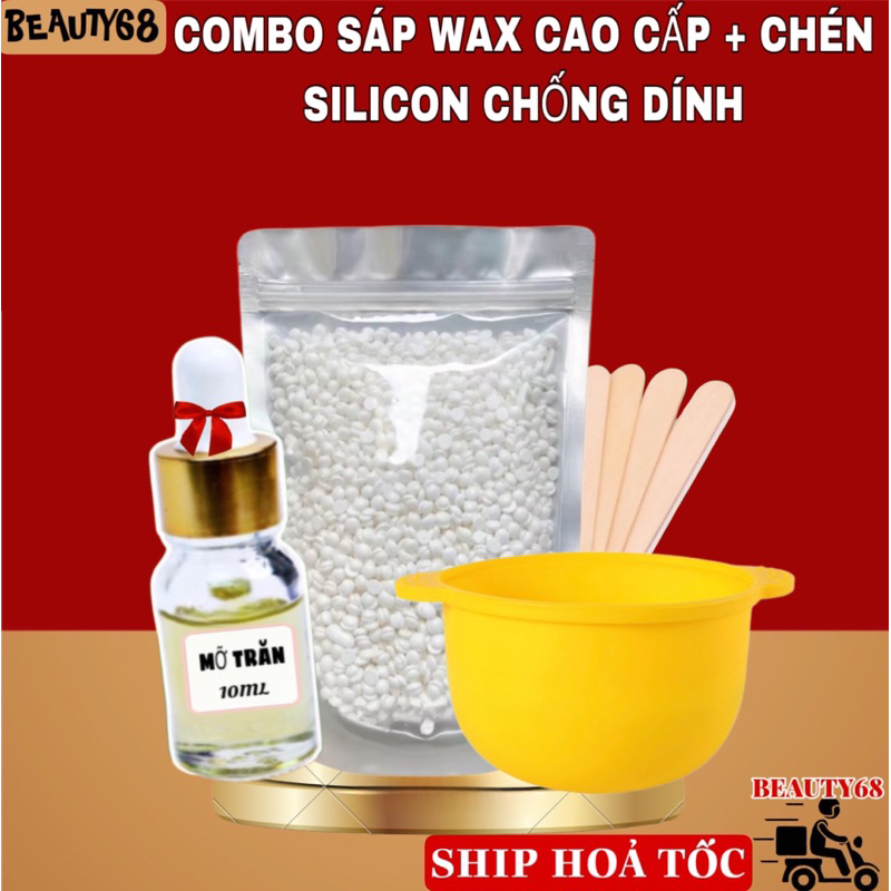 Combo Sáp Wax Lông Cao Cấp + Chén Nấu Sáp Wax Lông Silicone Tặng Que