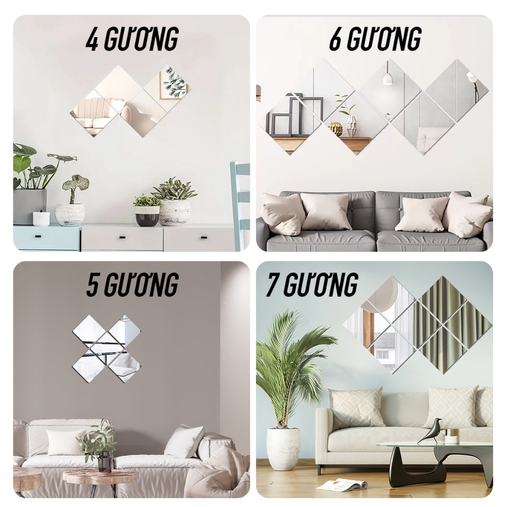 Gương dán tường NHU Y DECOR , gương thật hình vuông ghép lại độc đáo sáng tạo, kính dán soi rõ nét 20x20cm [Có kèm keo]