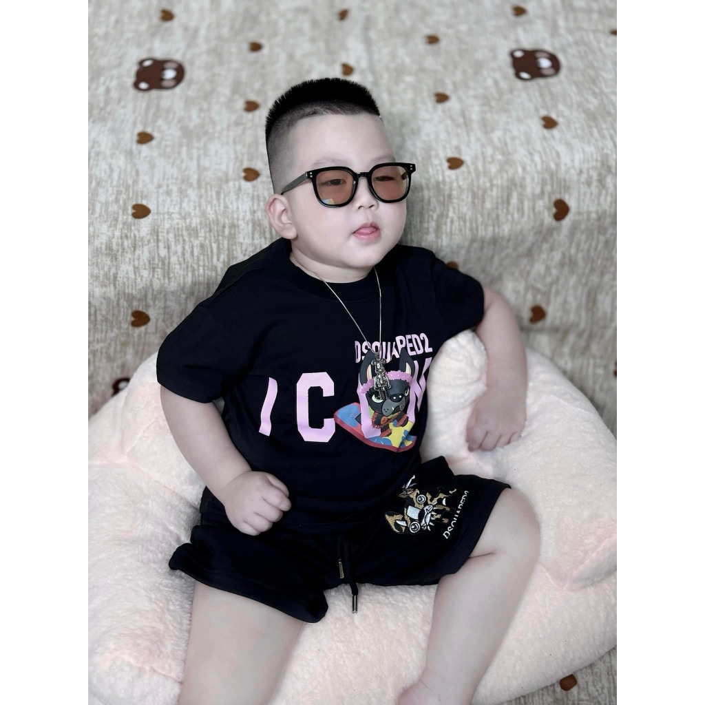 Bộ áo thun quần short icon chó pull dog hồng cho bé trai , set áo phông ...