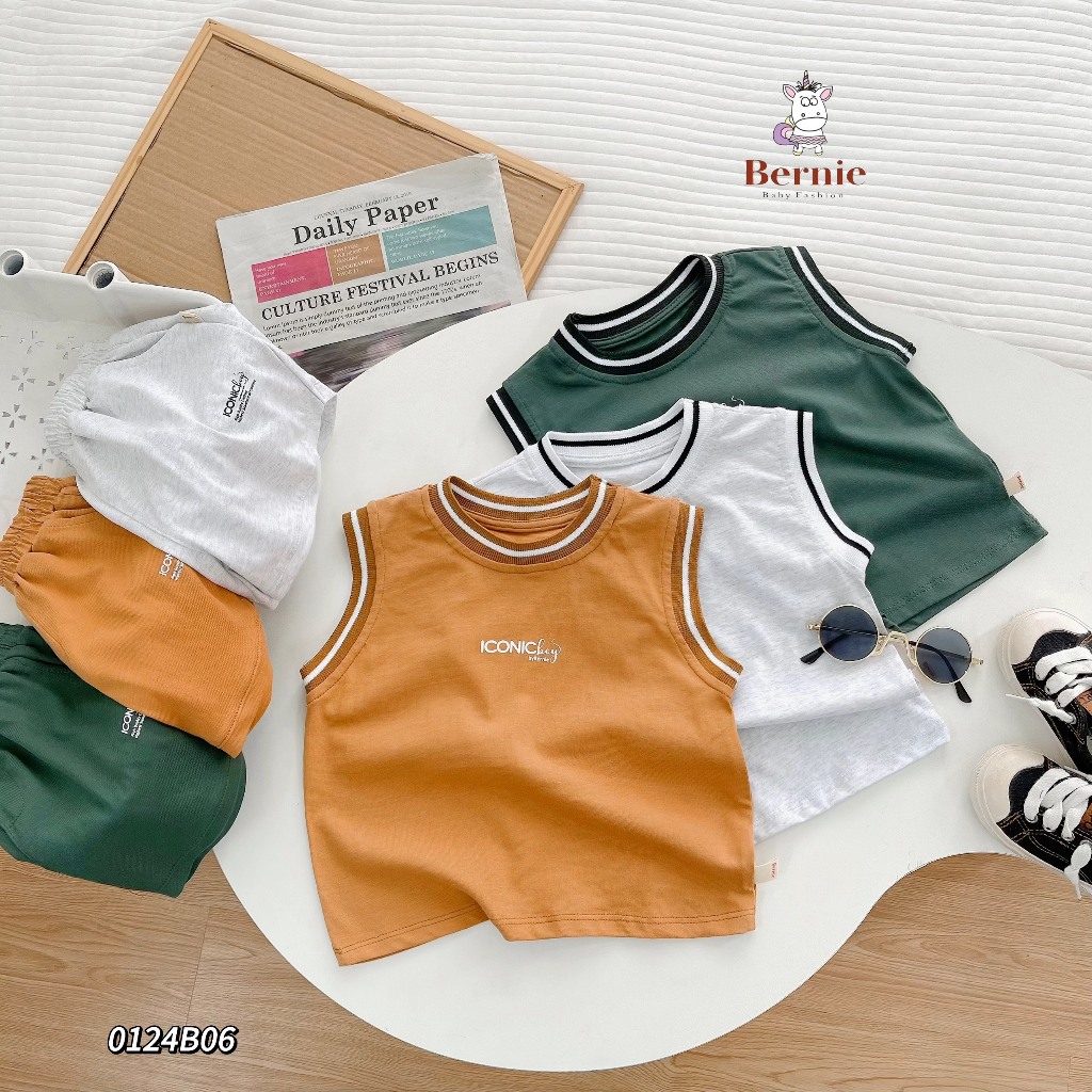 Bộ ba lỗ trơn màu bé trai, set ba lỗ cotton mềm mát, cá tính cho bé Bernie