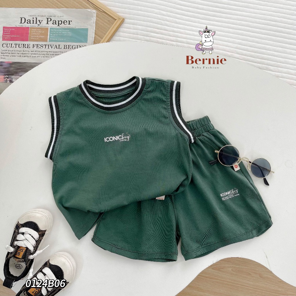 Bộ ba lỗ trơn màu bé trai, set ba lỗ cotton mềm mát, cá tính cho bé Bernie