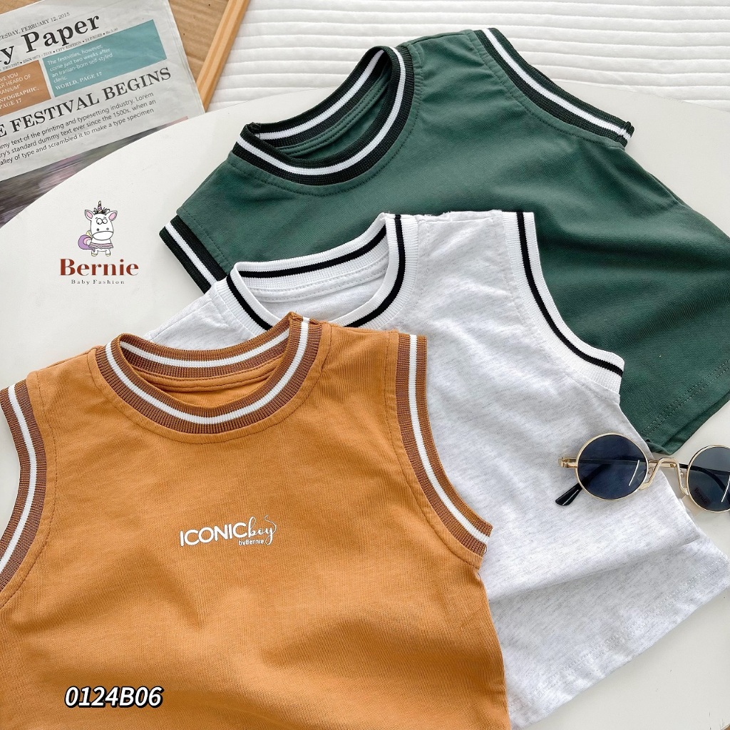 Bộ ba lỗ trơn màu bé trai, set ba lỗ cotton mềm mát, cá tính cho bé Bernie