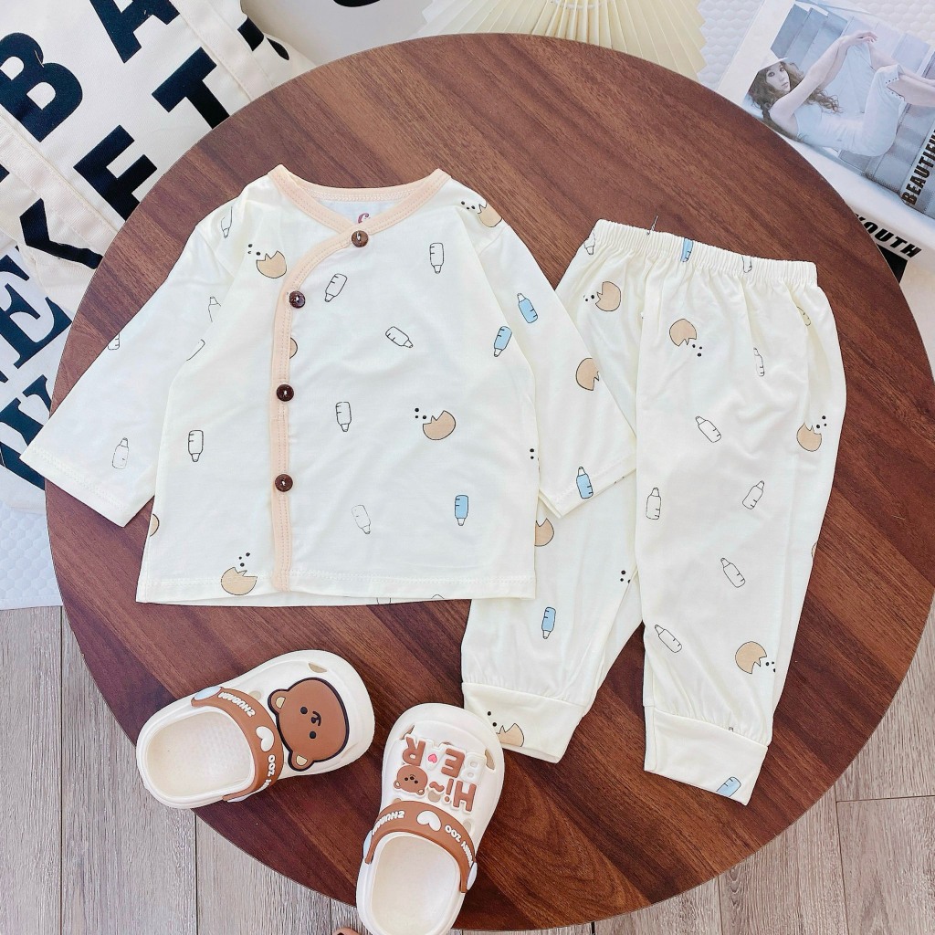 Set 2/3 Bộ quần áo sơ sinh dài tay thun lạnh  cho bé trai gái 3-9 kg màu kem in hoạ tiết dễ thương [DL02]  Đậu Đậu Store