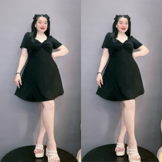 Đầm bigszie tay ngắn xoắn cúp ngực cổ nữ hoàng dáng váy chữ A vải dệt kim thun gân mềm mát G81