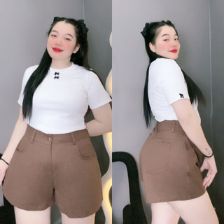 Quần đùi nữ bigsize ống rộng cạp cao cài nút chất vải kaki đứng form tôn dáng cho nàng 60-93kg Q502