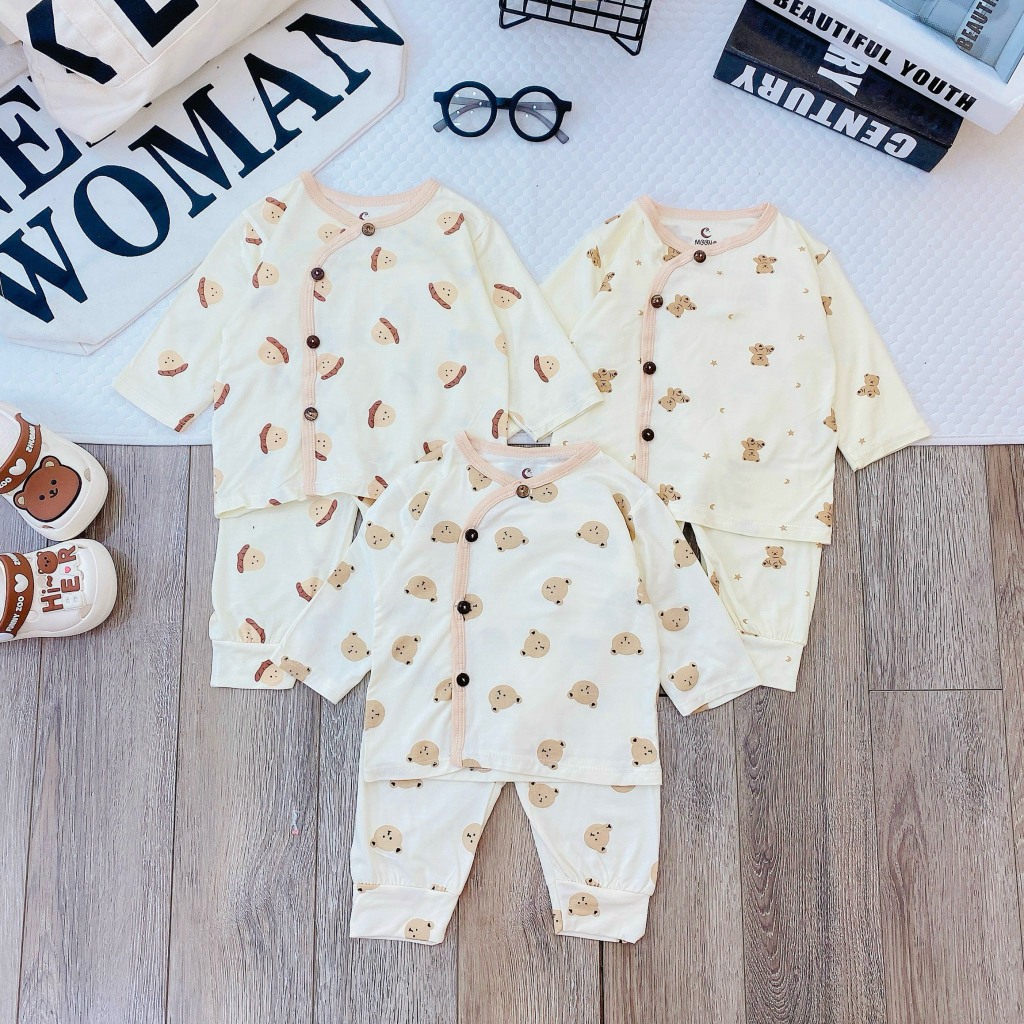 Set 2/3 Bộ quần áo sơ sinh dài tay thun lạnh  cho bé trai gái 3-9 kg màu kem in hoạ tiết dễ thương [DL02]  Đậu Đậu Store
