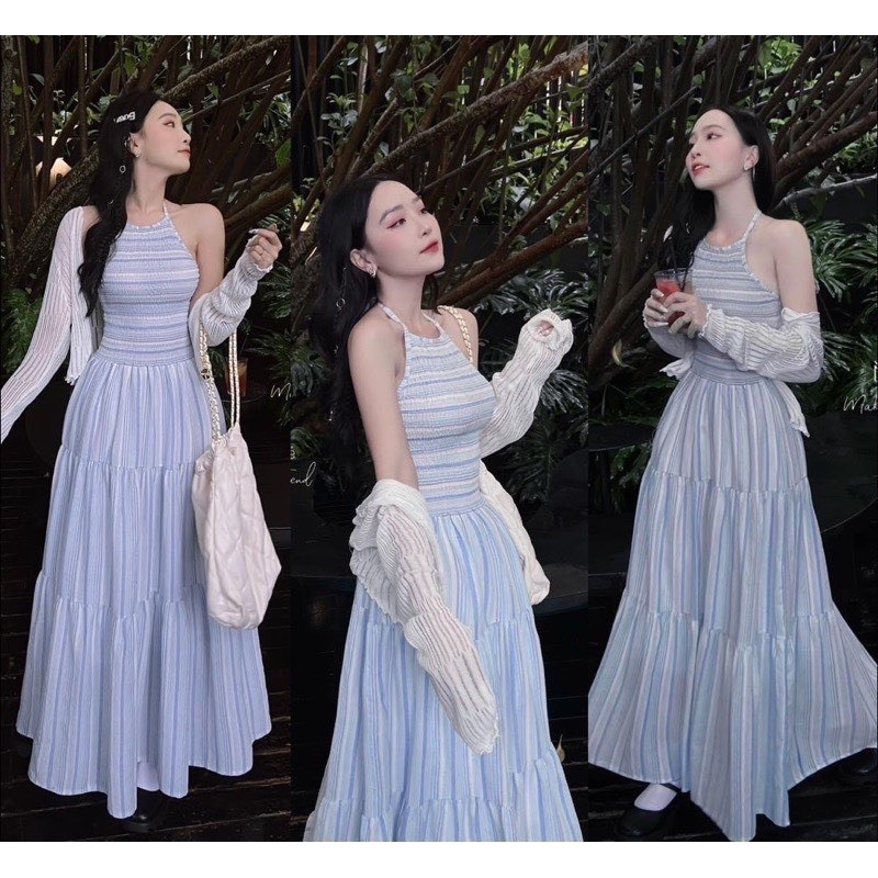 Set đầm khoác - Đầm váy maxi nữ cổ yếm mocking dáng dài kèm khoác ngoài màu xanh và hồng pastel đi biển siêu xinh