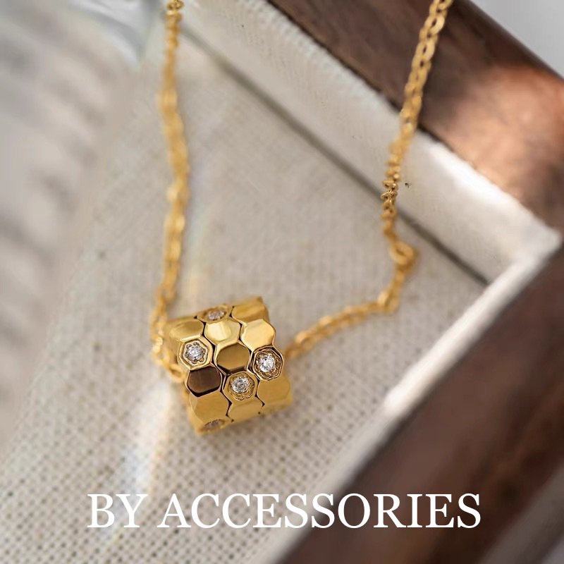 Dây chuyền nữ unisex titan kiểu xích mảnh phối mặt trụ hình tổ ong lục giác đính đá trắng lấp lánh không gỉ