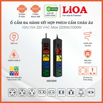 Ổ Cắm Kéo Dài Cho Xe Điện Và Thiết Bị Sử Dụng Phích Cắm Châu Âu Loại Ổ Đa Năng Kết Hợp. Hãng LiOA. 10A/15A 250VAC 3300W