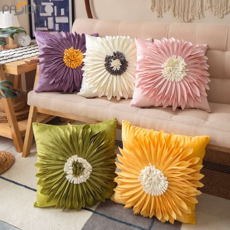 Vỏ Gối Tựa Lưng, Gối Sofa Đính Hoa Hướng Dương Sang Trọng