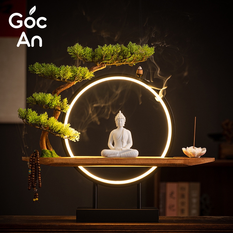Tượng Phật Thích Ca Mâu Ni Ngồi Thiền Chất Liệu Gốm Tử Sa Cao Cấp Kèm Kệ Đèn Led