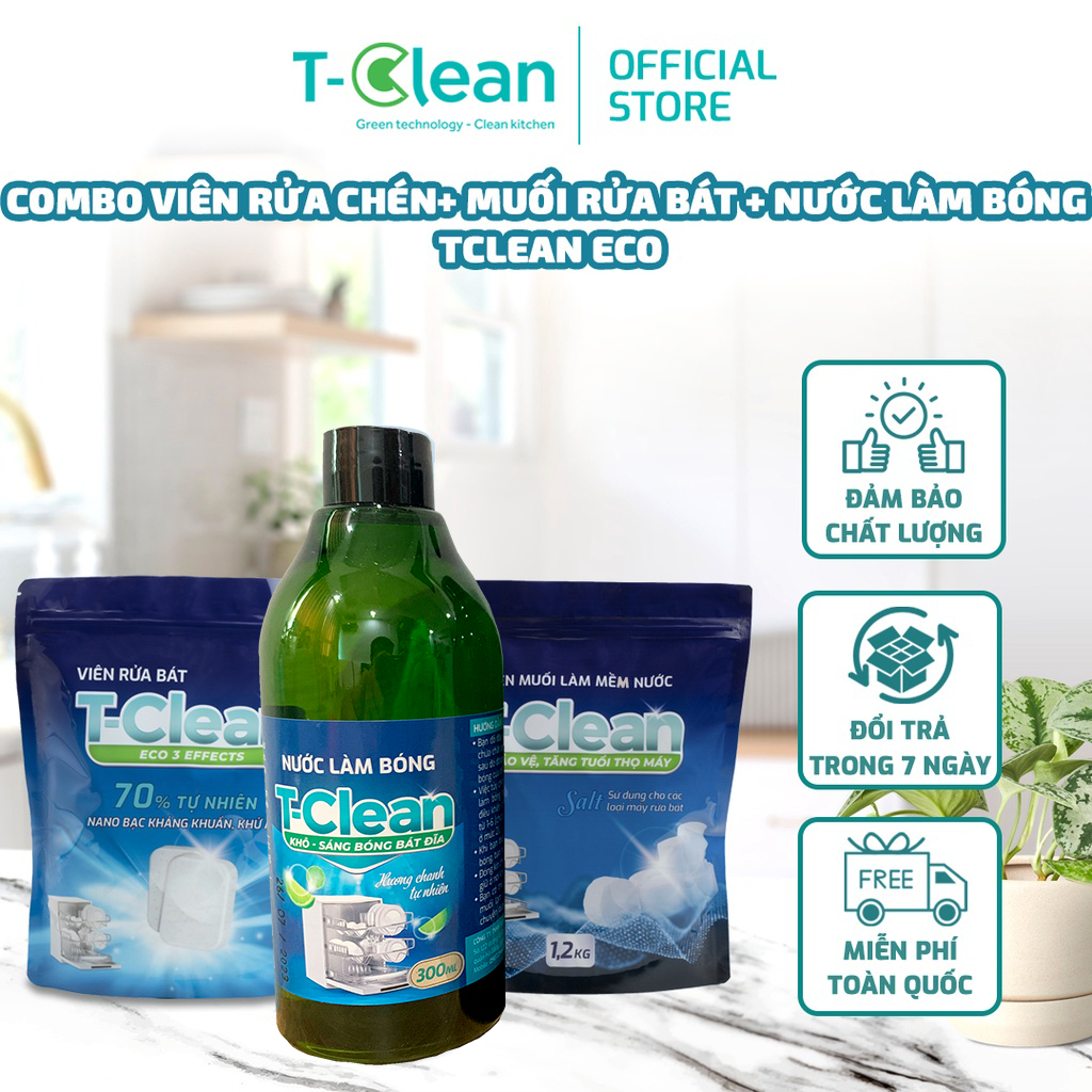 Combo TClean Viên Rửa Chén (30V) + Muối Rửa 1.2kg + Nước Làm Bóng 500ml ...