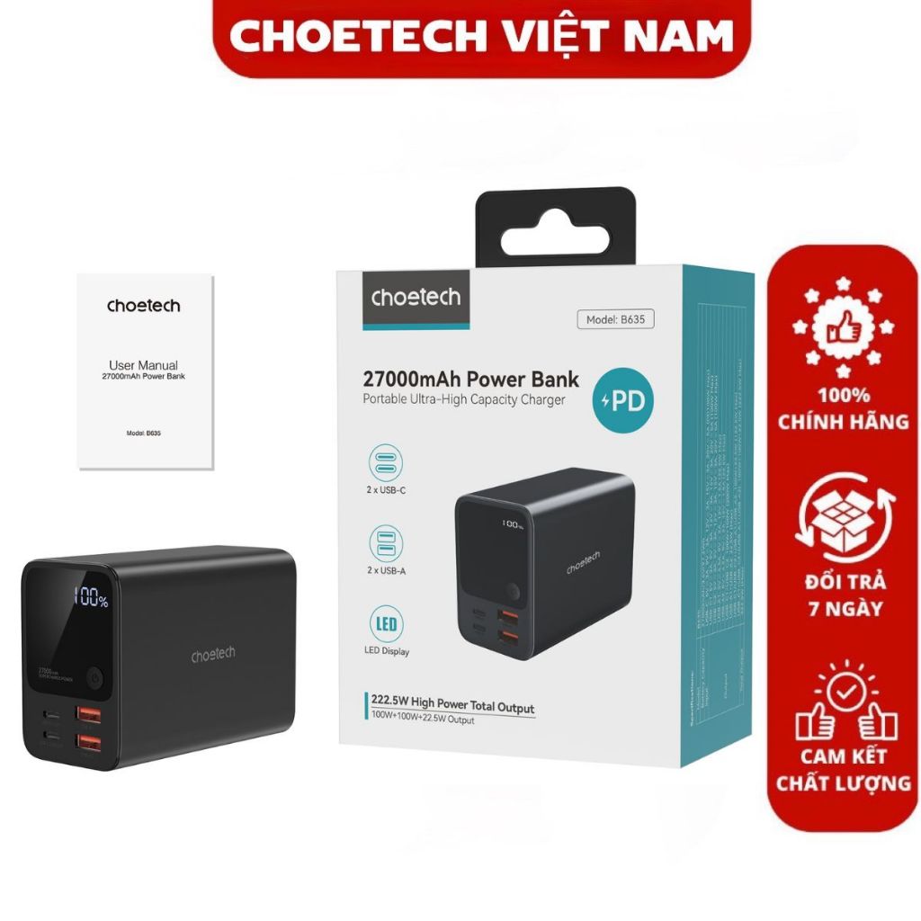 Pin dự phòng sạc nhanh công suất cao 222.5W Choetech B635 dung