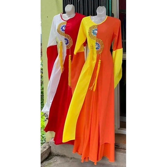 Áo dài tứ thân phối 2 màu Xanh Đỏ thiết kế 2 vạt xẻ trước biểu diễn văn nghệ, nhóm nhảy dân vũ múa dân tộc hội làng