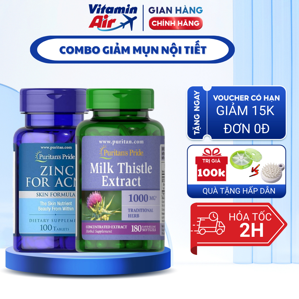 Combo giảm mụn nội tiết kiểm dầu, mát gan Puritan's Pride Zinc For Acne