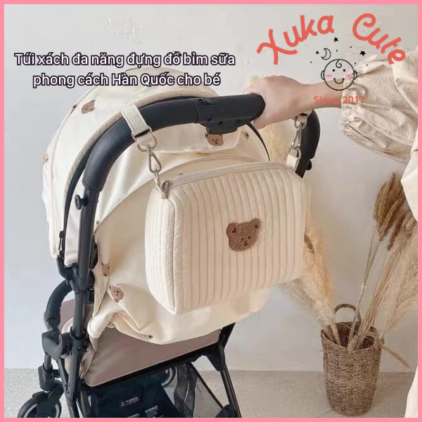 Túi bỉm sữa mẹ và bé, túi treo xe đẩy cotton thêu gấu thỏ đựng đồ bỉm sữa cho bé phong cách Hàn Quốc