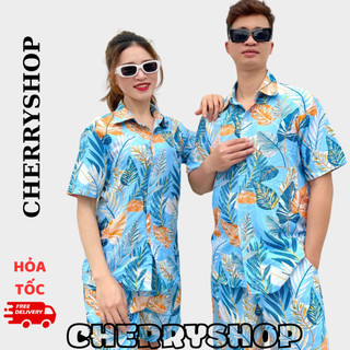 Quần áo cặp đôi nam nữ, đồ nhóm công ty team building lá kim nền xanh