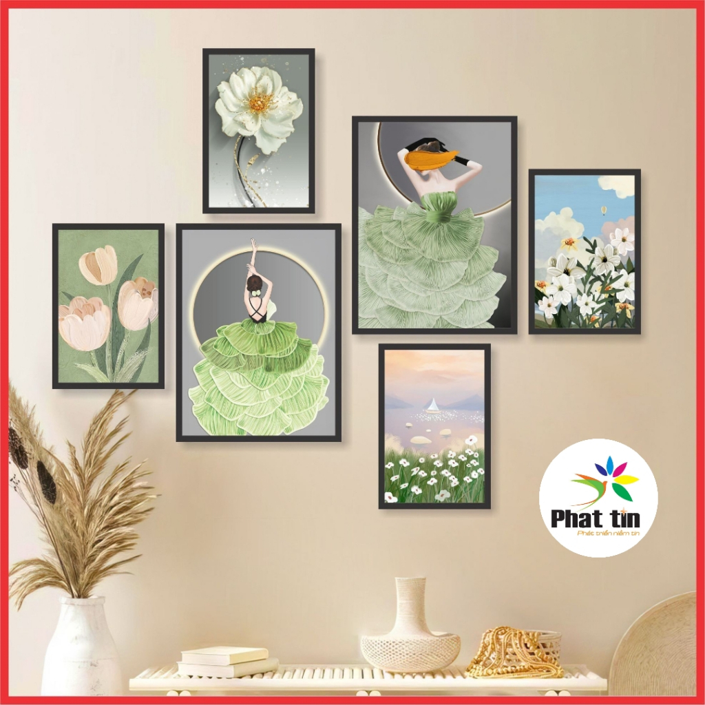 Set 6 tranh decor In Phát Tín, Tranh cô gái hiện đại trang trí dán tường có sẵn keo dán, không cần khoan đục tường.