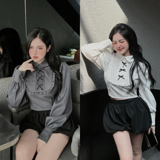 [V1.586] Áo Sơmi Xếp Ly Ngực Cổ Nơ 2 Màu Dáng Ngắn Siêu Xinh (kèm ảnh thật)